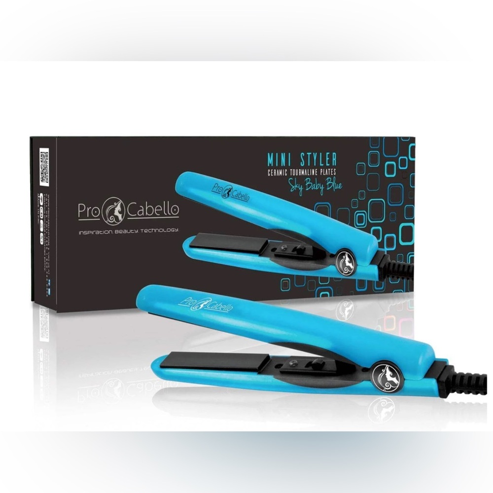 Pro Cabello Mini flat iron, Styler Ceramic Tourmaline Plates in Sky Blue.